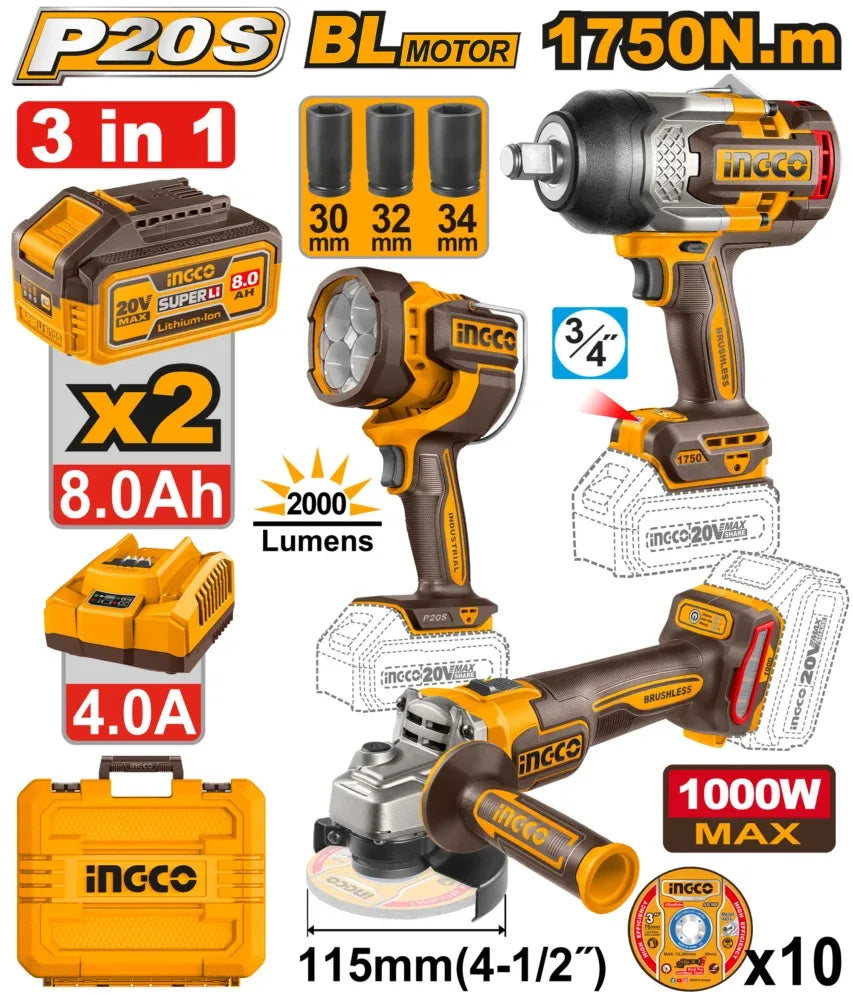 INGCO PACK MEULEUSE+BOULONNEUSE 1750NM+TORCHE+ 2BATTERIES/20V 8AH  [COSLI250593]