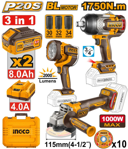 INGCO PACK MEULEUSE+BOULONNEUSE 1750NM+TORCHE+ 2BATTERIES/20V 8AH AU MAROC [COSLI250593]
