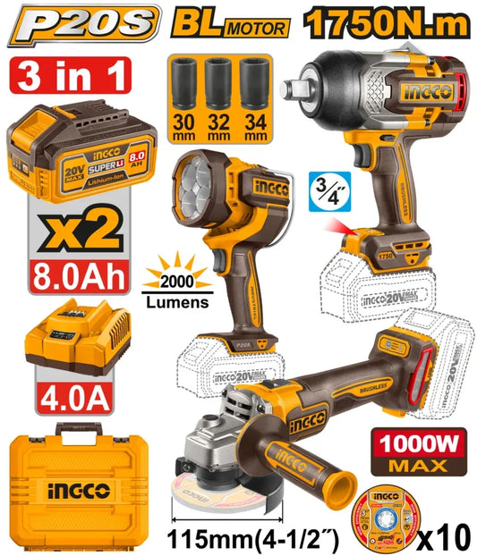 INGCO PACK MEULEUSE+BOULONNEUSE 1750NM+TORCHE+ 2BATTERIES/20V 8AH AU MAROC [COSLI250593]