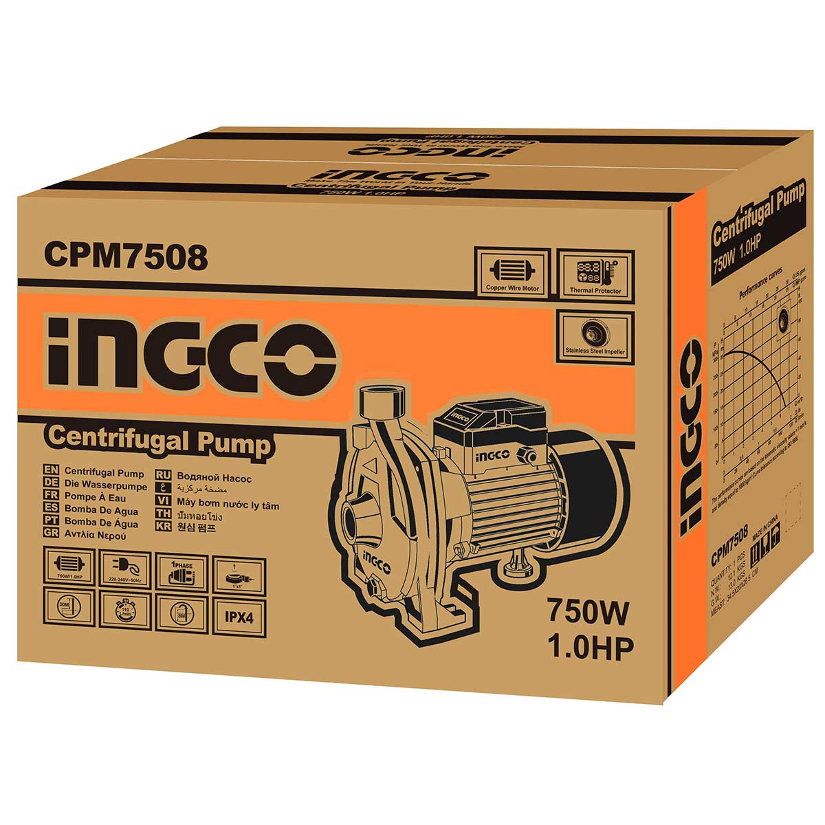 CPM7508 - POMPE CENTRIFUGE 1 HP EAU PROPRE CPM7508 H:30 INGCO Maroc