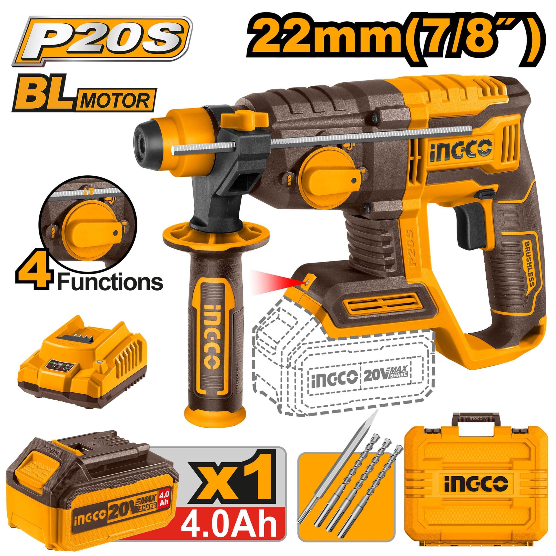 CRHLI202081 - MARTEAU PERFORATEUR 22MM 20V + 1BATTERIE 4AH INGCO Maroc