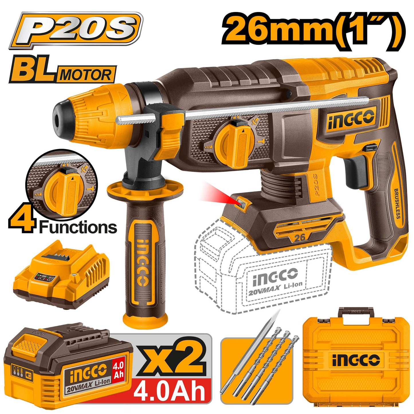 CRHLI202682 - MARTEAU PERFORATEUR 26MM 20V 2BATTERIES 4.0AH+CHARGEUR INGCO INGCO Maroc
