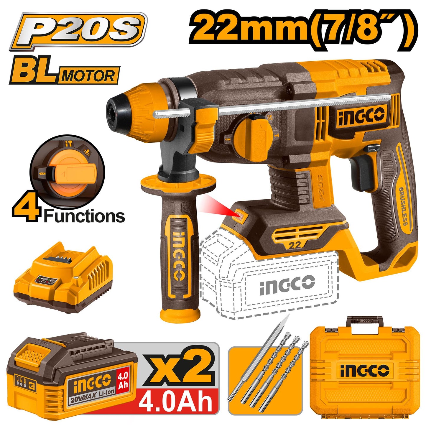 CRHLI212282 - MARTEAU PERFORATEUR 20V 22MM NR INGCO Maroc