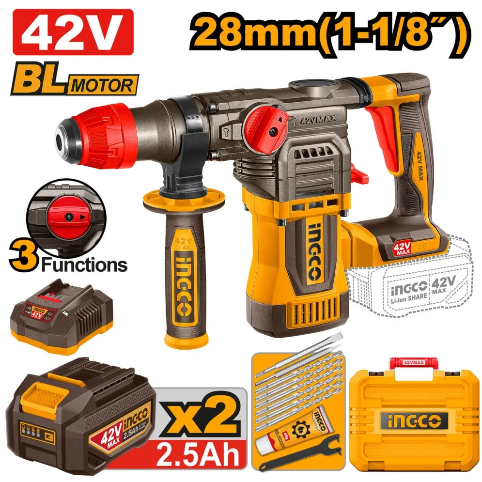 CRHLI422882 - MARTEAU PERFORATEUR SANS FIL 28MM AVEC 2 BATT 42V 2,5AH INGCO Maroc
