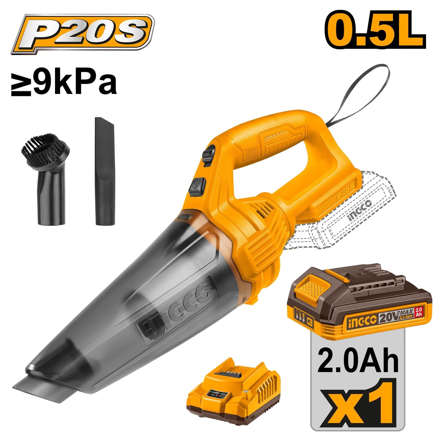 INGCO ASPIRATEUR 20V 0,5L + ACCESSOIRES [CVLI20126]