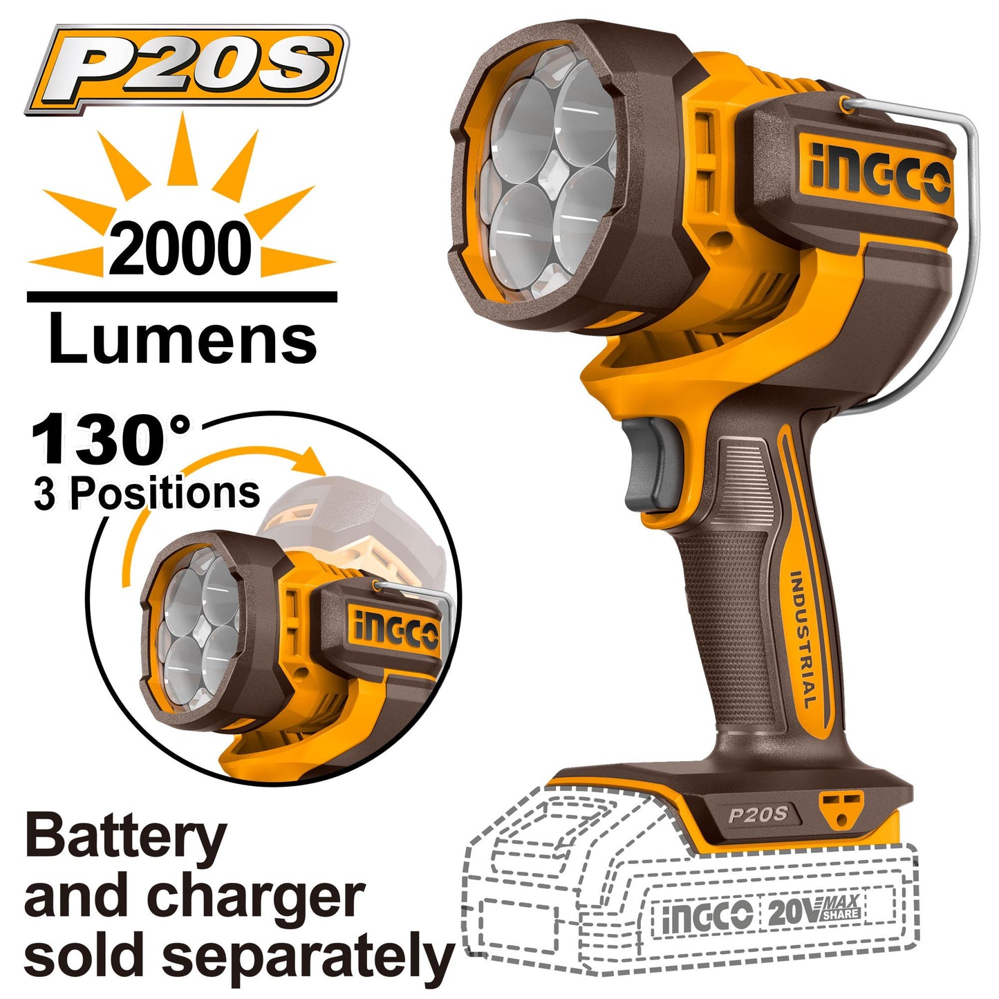 CWLI2088 - LAMPE TORCHE DE TRAVAIL LED 20V 2000LUMENS SANS BATTERIE SANS CHARGEUR INGCO INGCO Maroc