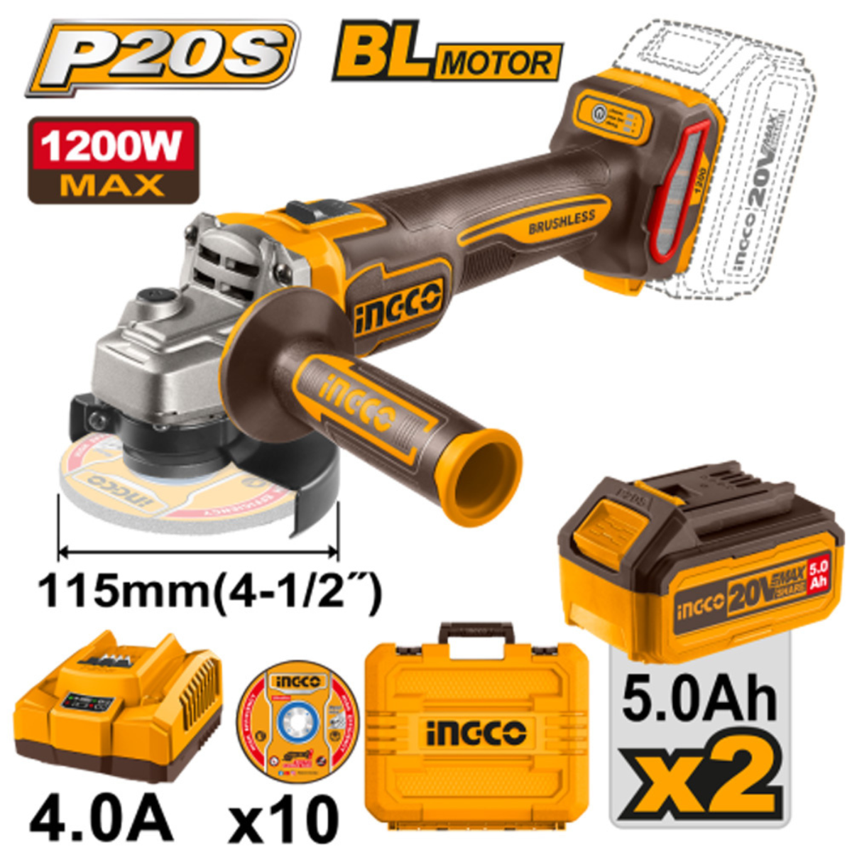 INGCO MEULEUSE BRUSHLESS 20V 115MM 1200W 2 BATTERIES 5AH+10 DISQUES AU MAROC [CAGLI2211532]