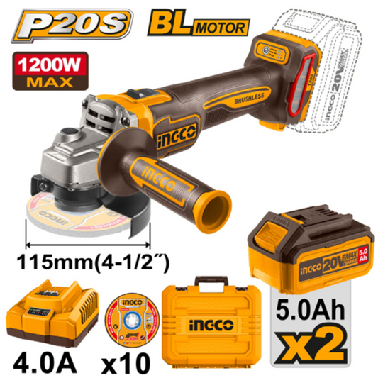 INGCO MEULEUSE BRUSHLESS 20V 115MM 1200W 2 BATTERIES 5AH+10 DISQUES AU MAROC [CAGLI2211532]