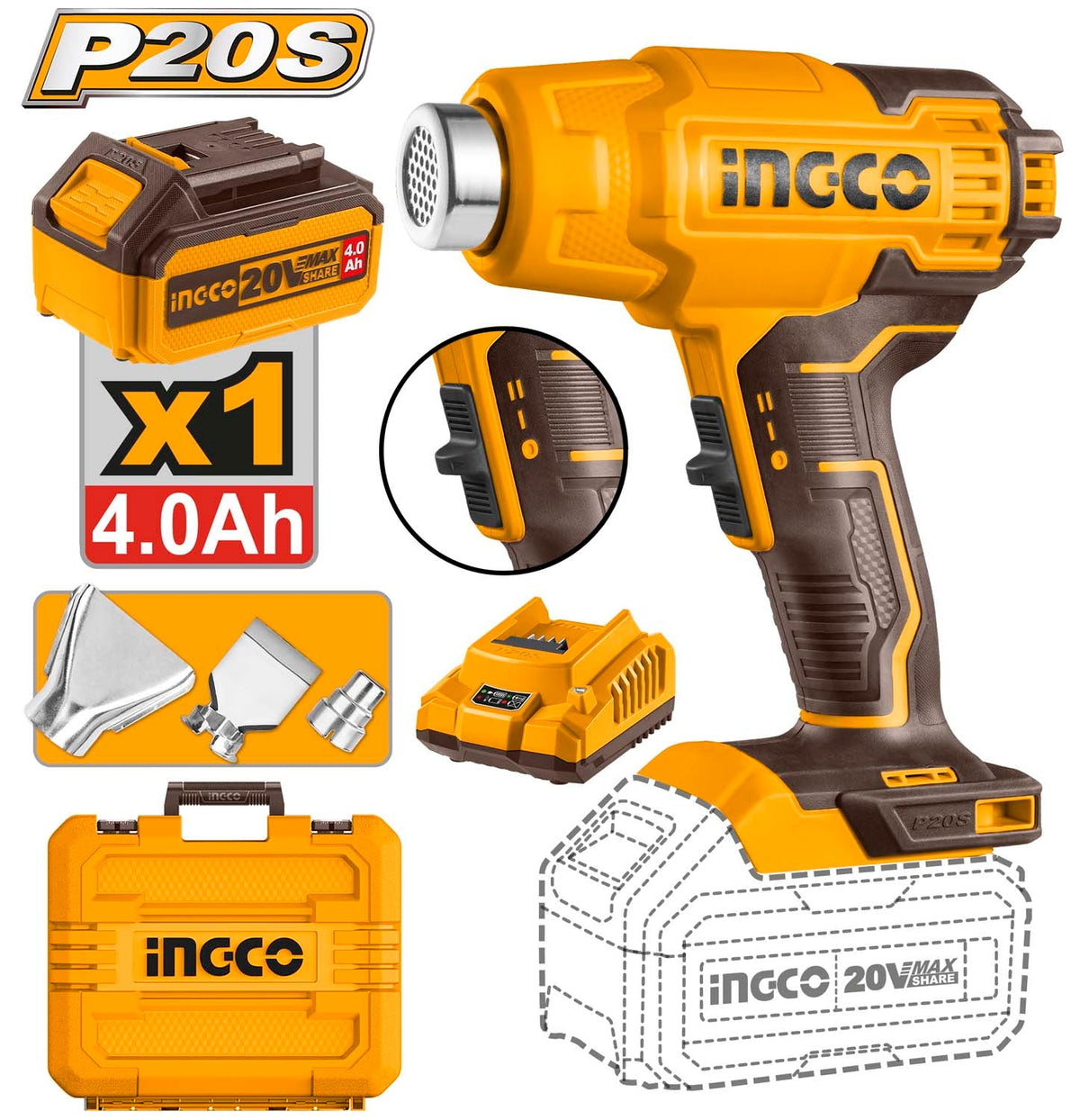 INGCO DECAPEUR 20V + BATT 4AH + CHARG + ACC NR [HGLI20025]