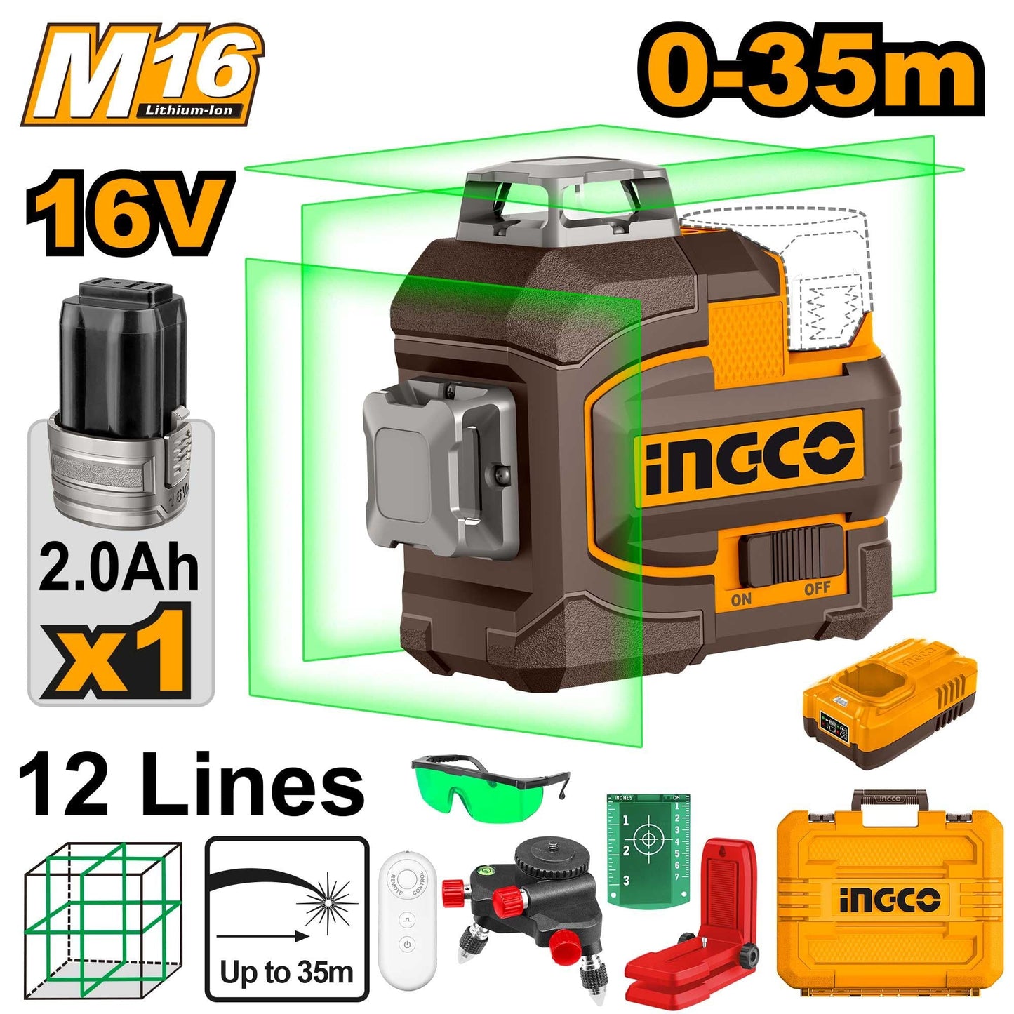HLL301201 - NIVEAU LASER AUTO NIVELLEMENT 3D LIGNE VERT 16V INGCO Maroc