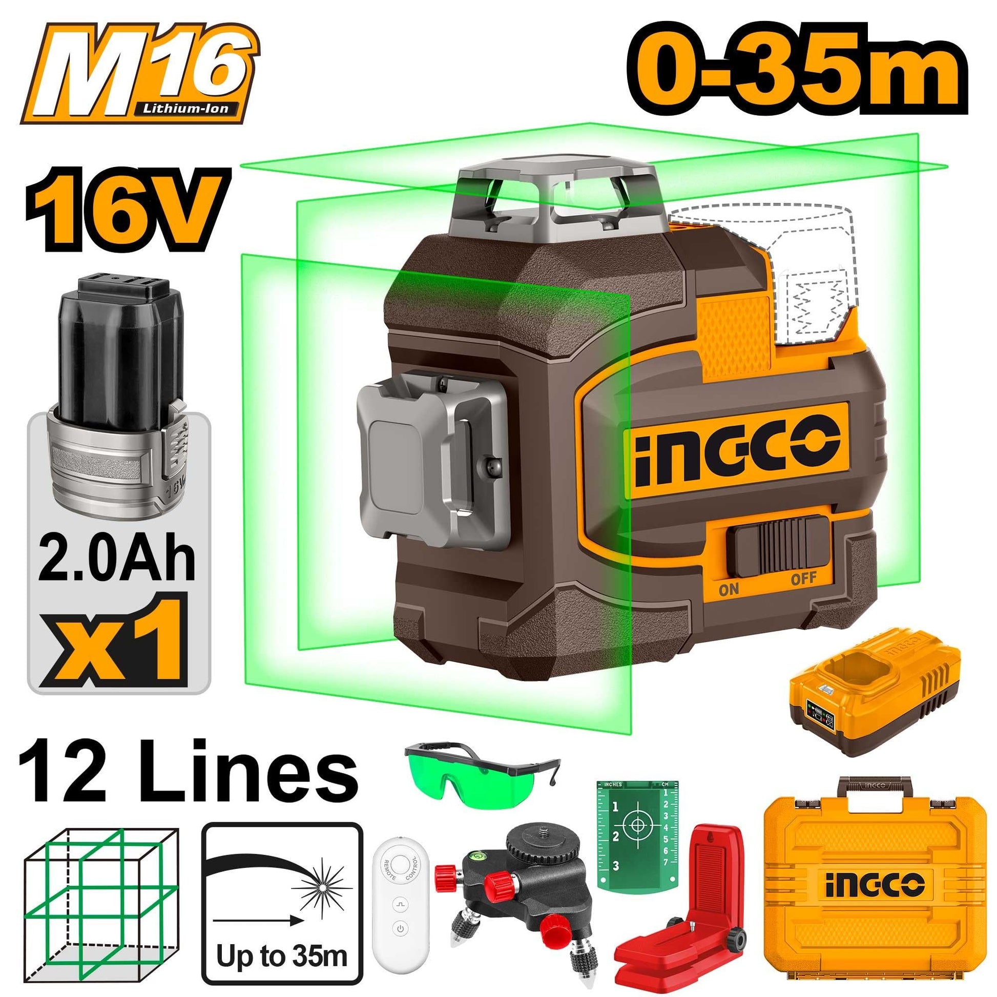 HLL301201 - NIVEAU LASER AUTO NIVELLEMENT 3D LIGNE VERT 16V INGCO Maroc