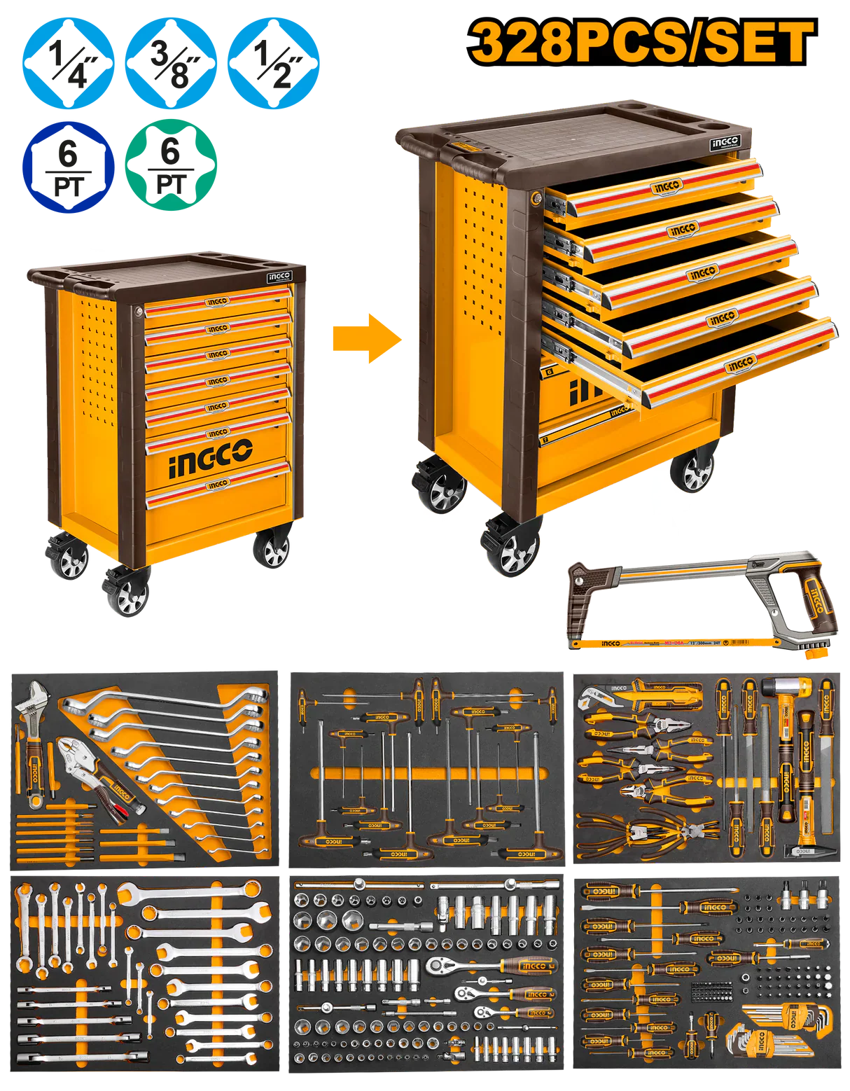 INGCO SERVANTE A 7 TIROIRS + 328 PIECES AU MAROC [HTCS271621]