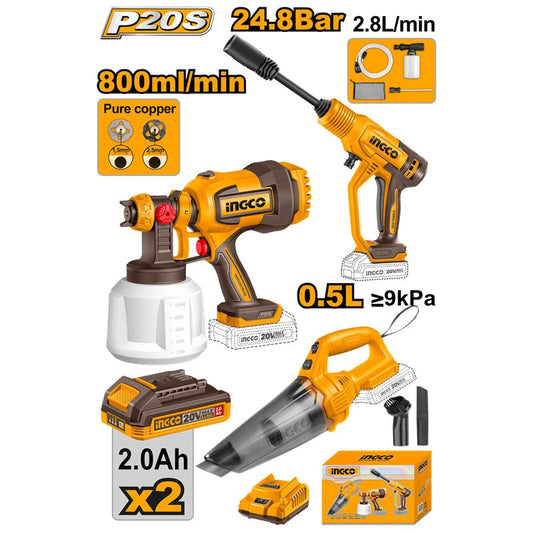 INGCO PACK 20V PIST A PEINTURE+ASPIRATEUR+NETTOYEUR [COSLI230522]