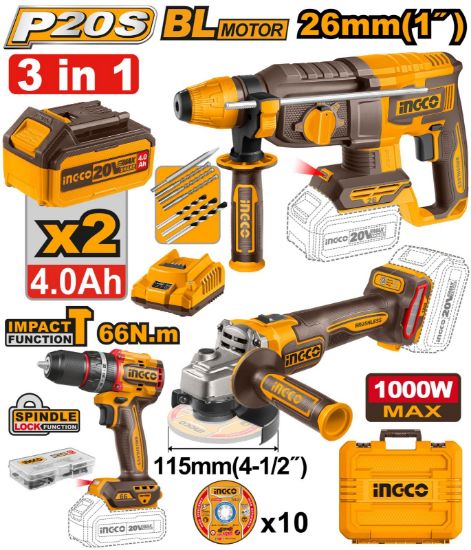INGCO PACK PERFORATEUR+MEULEUSE+PERCEUSE 66NM BRUSHLESS [COSLI241198]