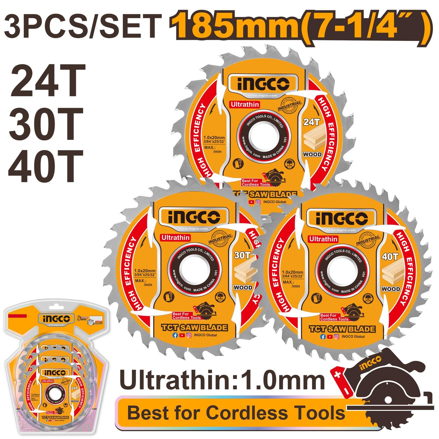 INGCO JEU 3LAME SCIE CIRCULAIRE 185MM 24-30-40T [TSB18503]