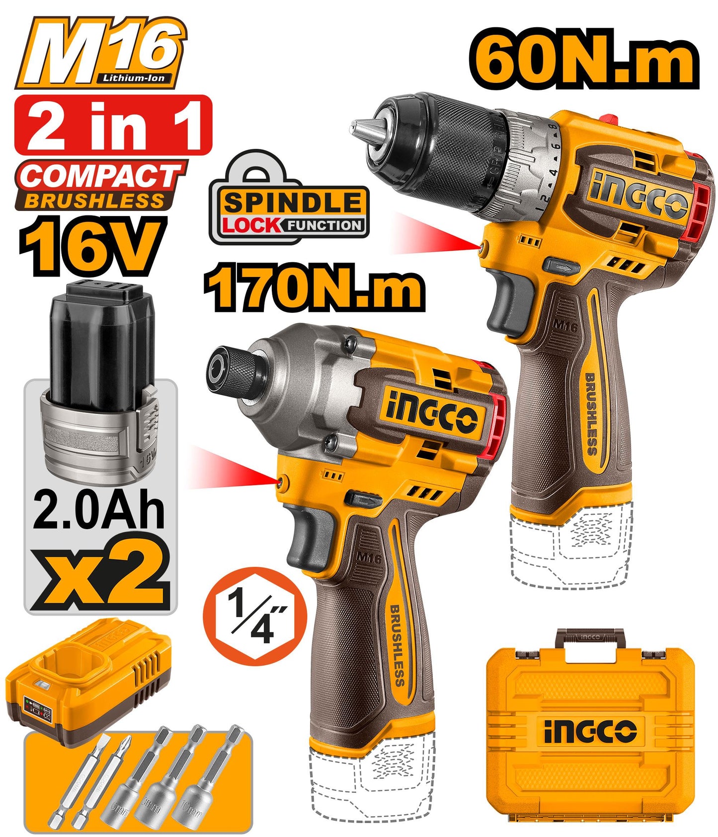 INGCO PACK 2 MACHINE 16V VISSEUSE PERCEUSE 60 NM ET VISSEUSE A CHOCS [COSLI240968] AU MAROC
