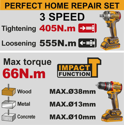 INGCO PACK 2 MACHINES VISSEUSE BRUSHLESS 66NM + BOULONNEUSE 405NM AU MAROC [CKLI20286]