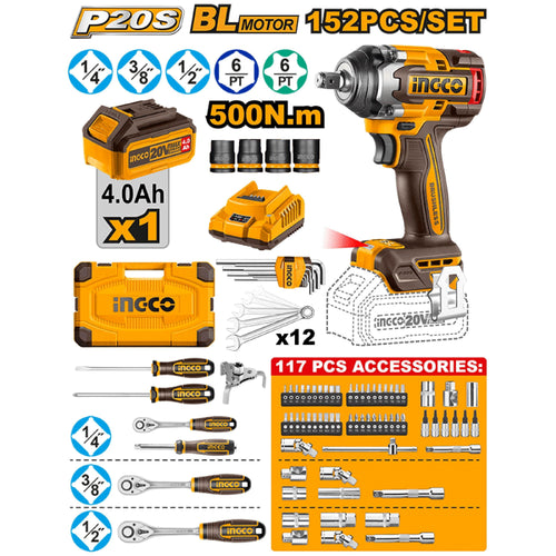 HKTHP31521 - P20S/20V 152PCS Ensemble d’outils avec clé à chocs sans fil Lithium-Ion HKTHP31521 ING-CT INGCO Maroc