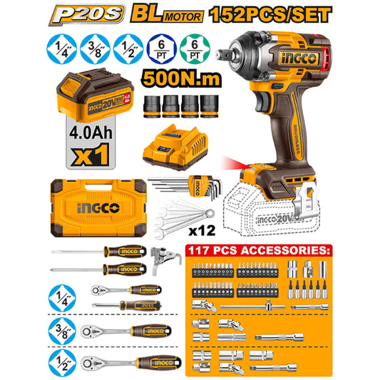 HKTHP31521 - P20S/20V 152PCS Ensemble d’outils avec clé à chocs sans fil Lithium-Ion HKTHP31521 ING-CT INGCO Maroc