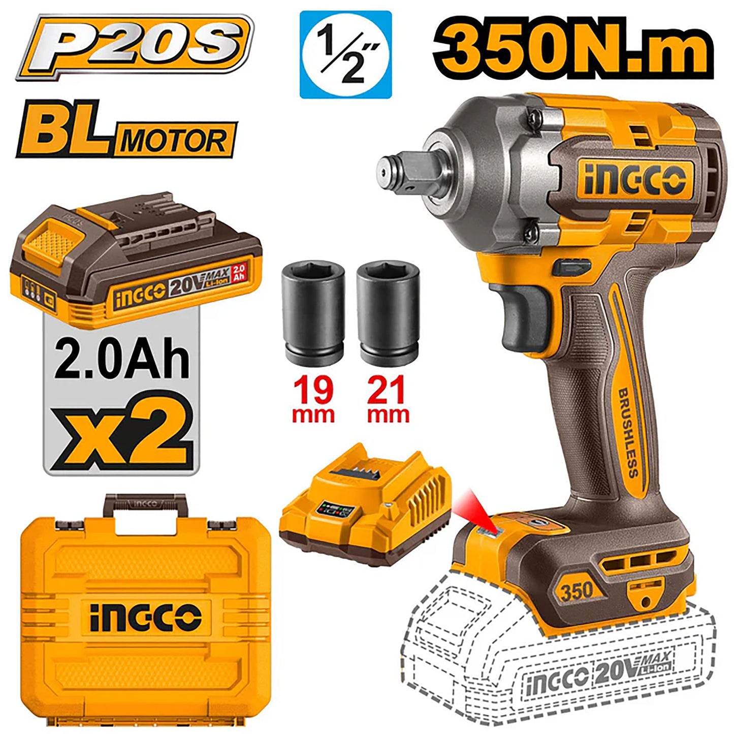 CIWLI2035 - P20S/20V 1/2 pouces Lithium-ion Clé à chocs sans fil 350N.m ING-CT INGCO Maroc