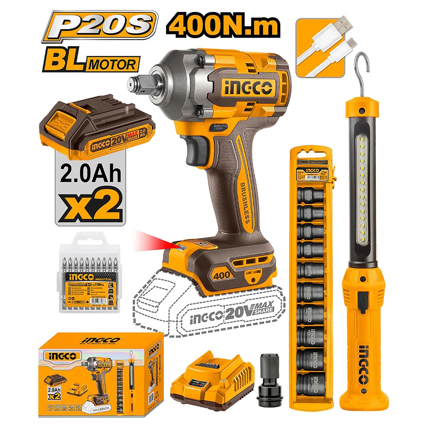 INGCO PACK BOULONNEUSE 400NM BRUSHLESS 20V+10 DOUILLES+BALADEUSE [COSLI23048]