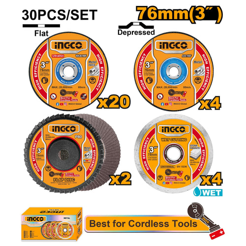 INGCO JEU 30PCS DISQUES DE COUPE ET MEULAGE 76MM [MCD07630]