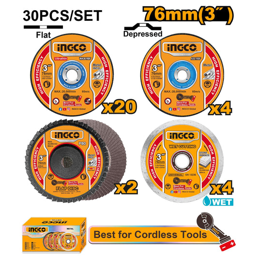 INGCO JEU 30PCS DISQUES DE COUPE ET MEULAGE 76MM [MCD07630]