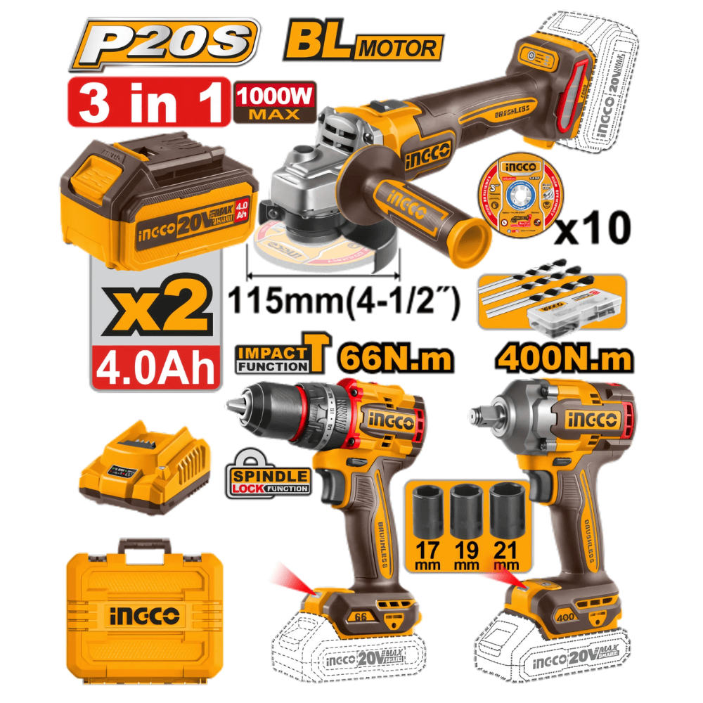 INGCO PACK 3 MACHINE MEULEUSE VISSEUSE BOULONNEUSE 20V AU MAROC [COSLI2412291]