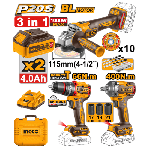INGCO PACK 3 MACHINE MEULEUSE VISSEUSE BOULONNEUSE 20V AU MAROC [COSLI2412291]