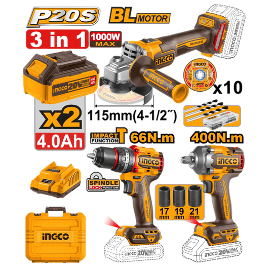 INGCO PACK 3 MACHINE MEULEUSE VISSEUSE BOULONNEUSE 20V AU MAROC [COSLI2412291]