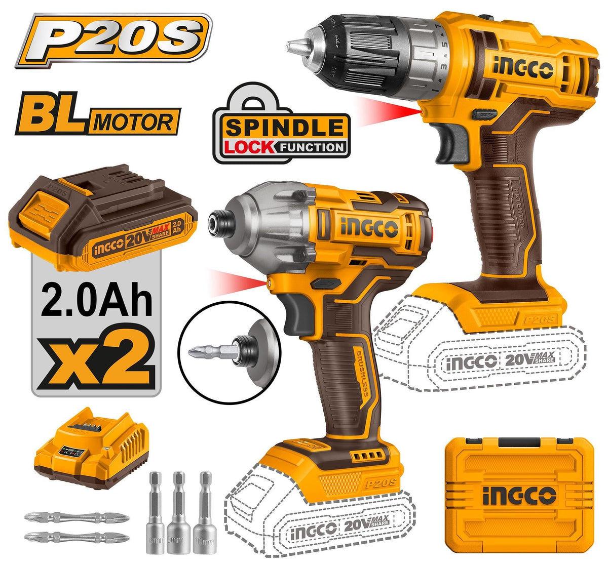 INGCO PACK VISSEUSE+VISSEUSE A CHOC 20V/2BATTERIES [COSLI230708]
