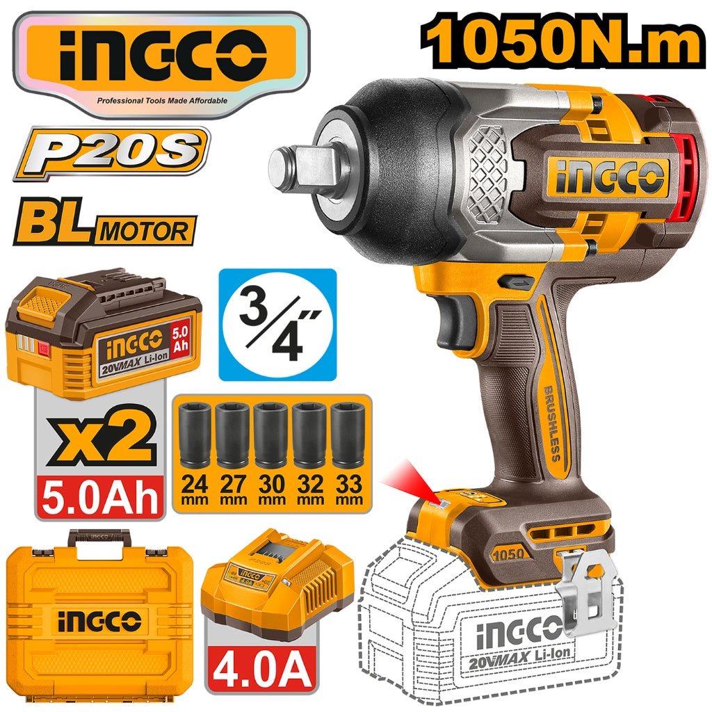CIWLI20105 - BOULONNEUSE 20V 1050N.M 2BATT + CHARGEUR INGCO Maroc