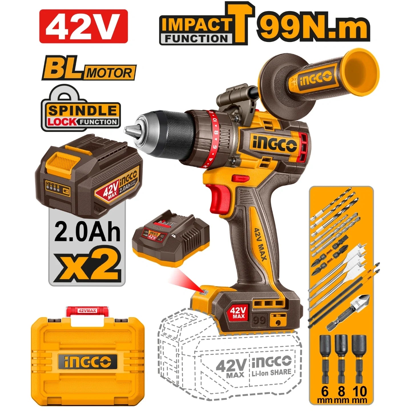 INGCO PERCEUSE-VISSEUSE 42V+2BAT 99NM BALAIS AU MAROC [CIDLI429982]